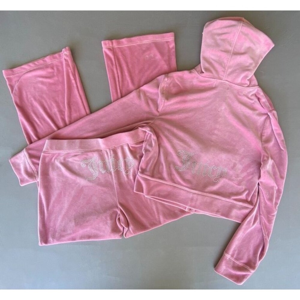 Juicy Couture Pink Velour Tracksuit Set Hoodie Pants Rhinestone Logo Women's L